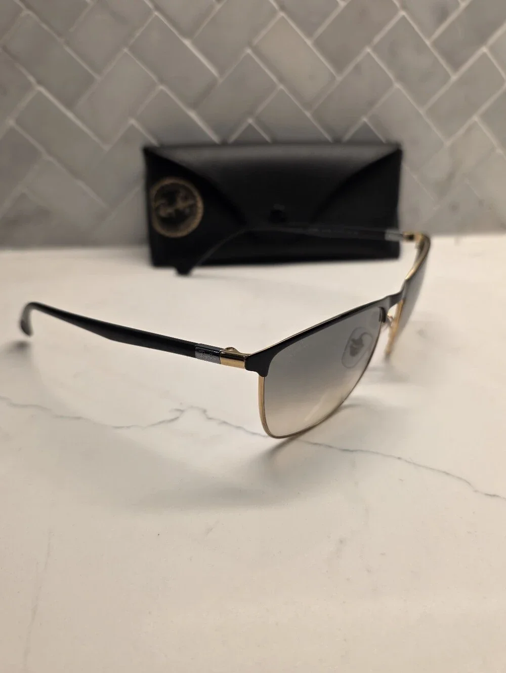 Ray-Ban RB 3686 187/32 Square Sunglasses (Polished Black on Gold / Clear Grey)